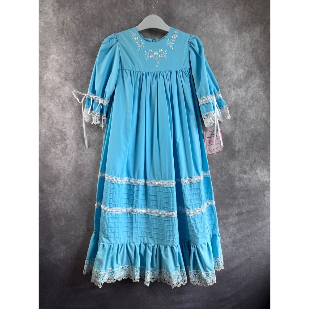 Vintage Girls Heirloom Prairie Dress Blue Lace Easter Flower Girl Sz 7 NWT
